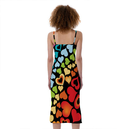 Colorful Heart Wave Pattern Print Slim Fit Midi Cami Dress