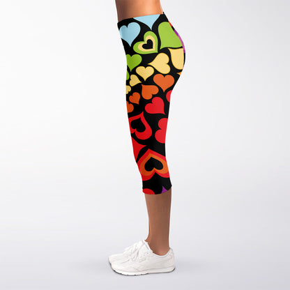 Colorful Heart Wave Pattern Print Women's Capri Leggings