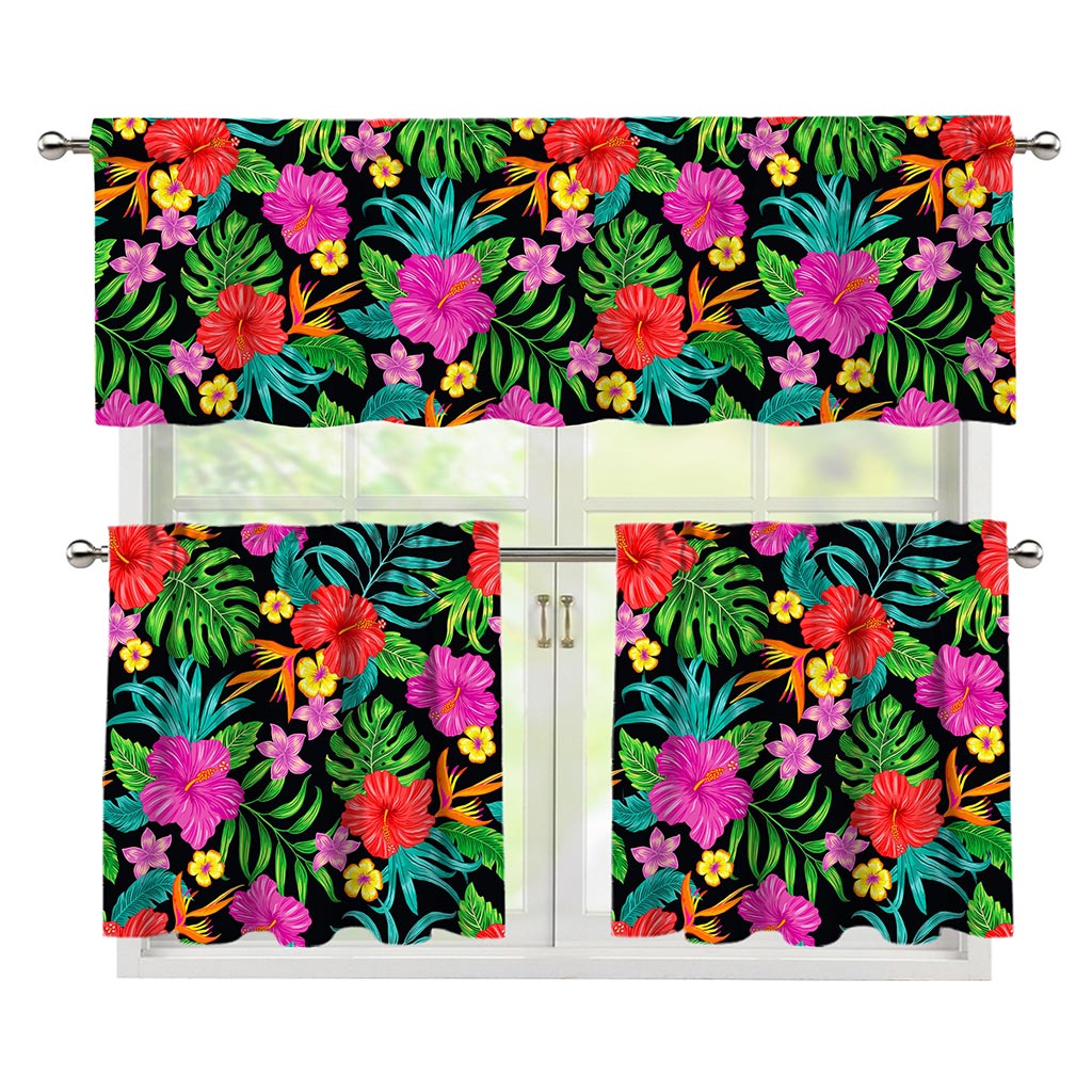 Colorful Hibiscus Flowers Pattern Print 3 Piece Kitchen Curtains