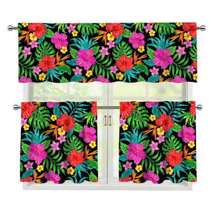 Colorful Hibiscus Flowers Pattern Print 3 Piece Kitchen Curtains
