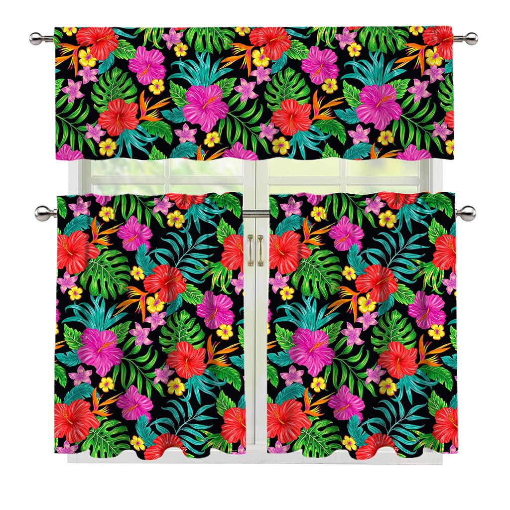 Colorful Hibiscus Flowers Pattern Print 3 Piece Kitchen Curtains