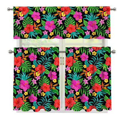 Colorful Hibiscus Flowers Pattern Print 3 Piece Kitchen Curtains