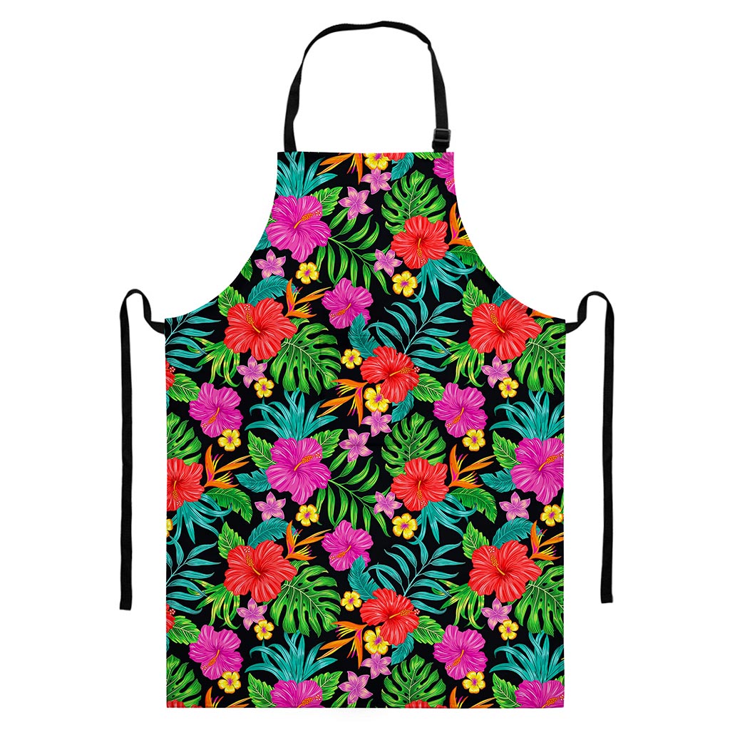 Colorful Hibiscus Flowers Pattern Print Bib Apron With Pocket