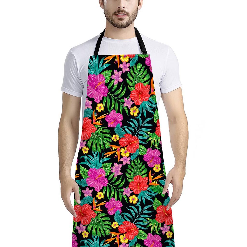 Colorful Hibiscus Flowers Pattern Print Bib Apron With Pocket