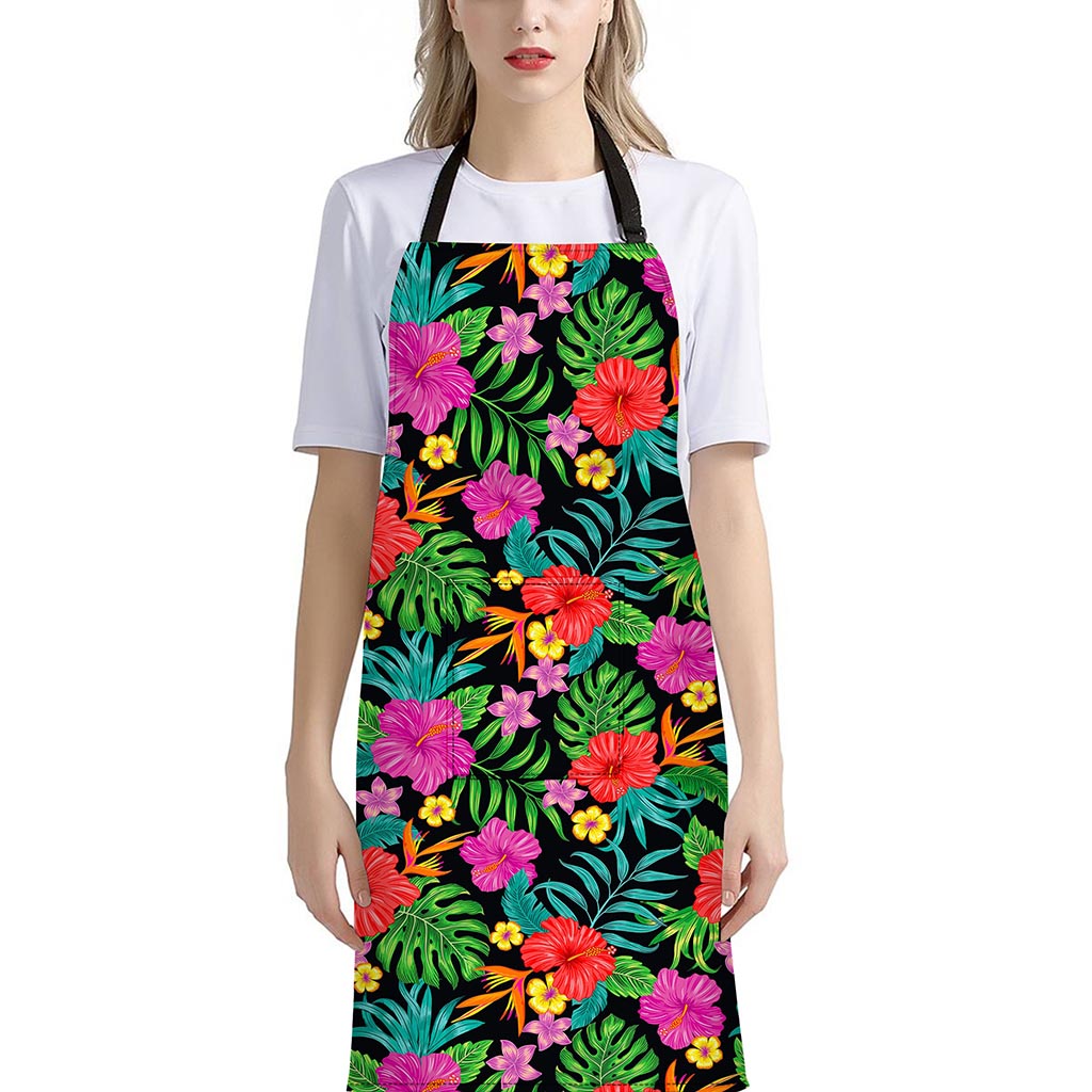 Colorful Hibiscus Flowers Pattern Print Bib Apron With Pocket