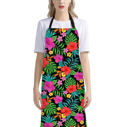 Colorful Hibiscus Flowers Pattern Print Bib Apron With Pocket