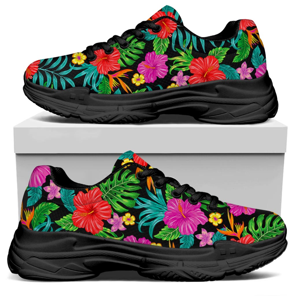 Colorful Hibiscus Flowers Pattern Print Black Chunky Shoes