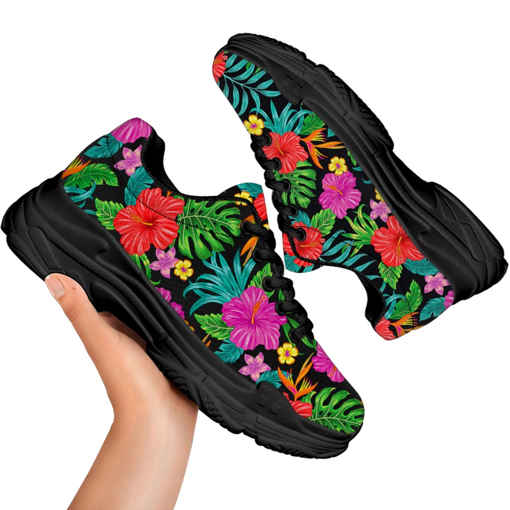 Colorful Hibiscus Flowers Pattern Print Black Chunky Shoes