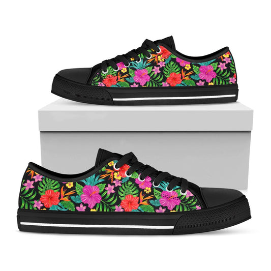 Colorful Hibiscus Flowers Pattern Print Black Low Top Sneakers
