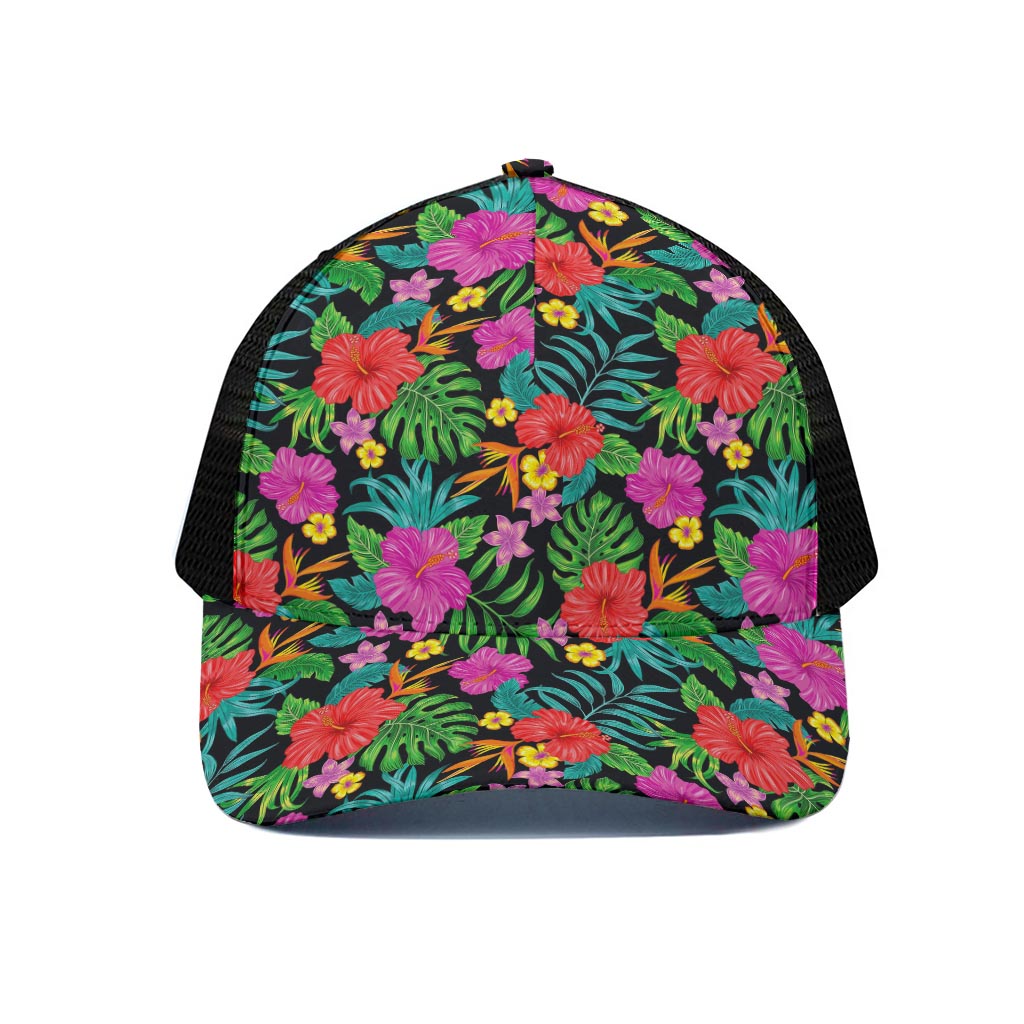 Colorful Hibiscus Flowers Pattern Print Black Mesh Trucker Cap