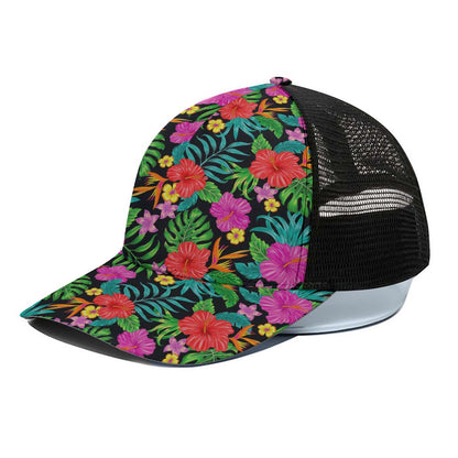 Colorful Hibiscus Flowers Pattern Print Black Mesh Trucker Cap