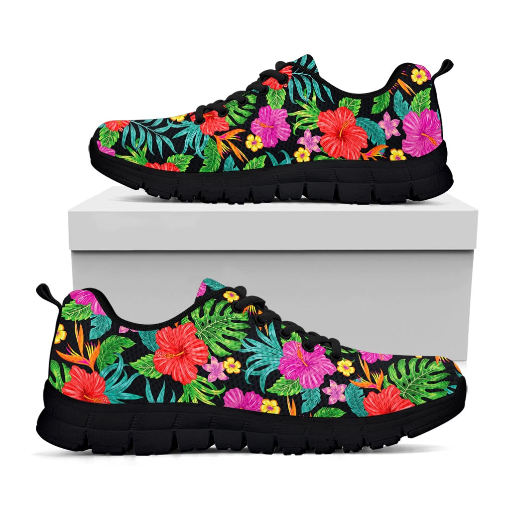 Colorful Hibiscus Flowers Pattern Print Black Running Shoes