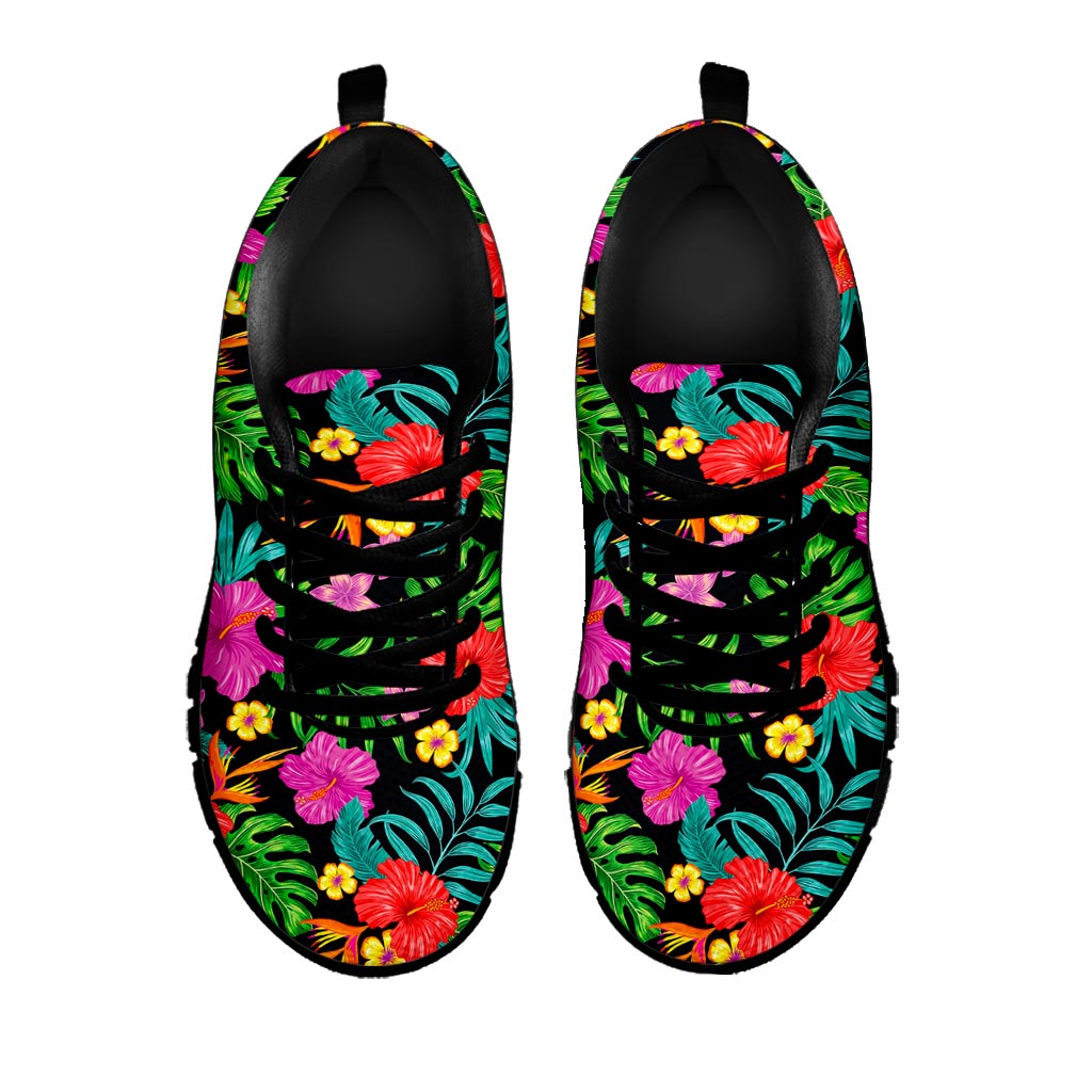 Colorful Hibiscus Flowers Pattern Print Black Running Shoes