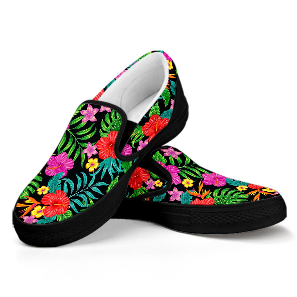 Colorful Hibiscus Flowers Pattern Print Black Slip On Sneakers