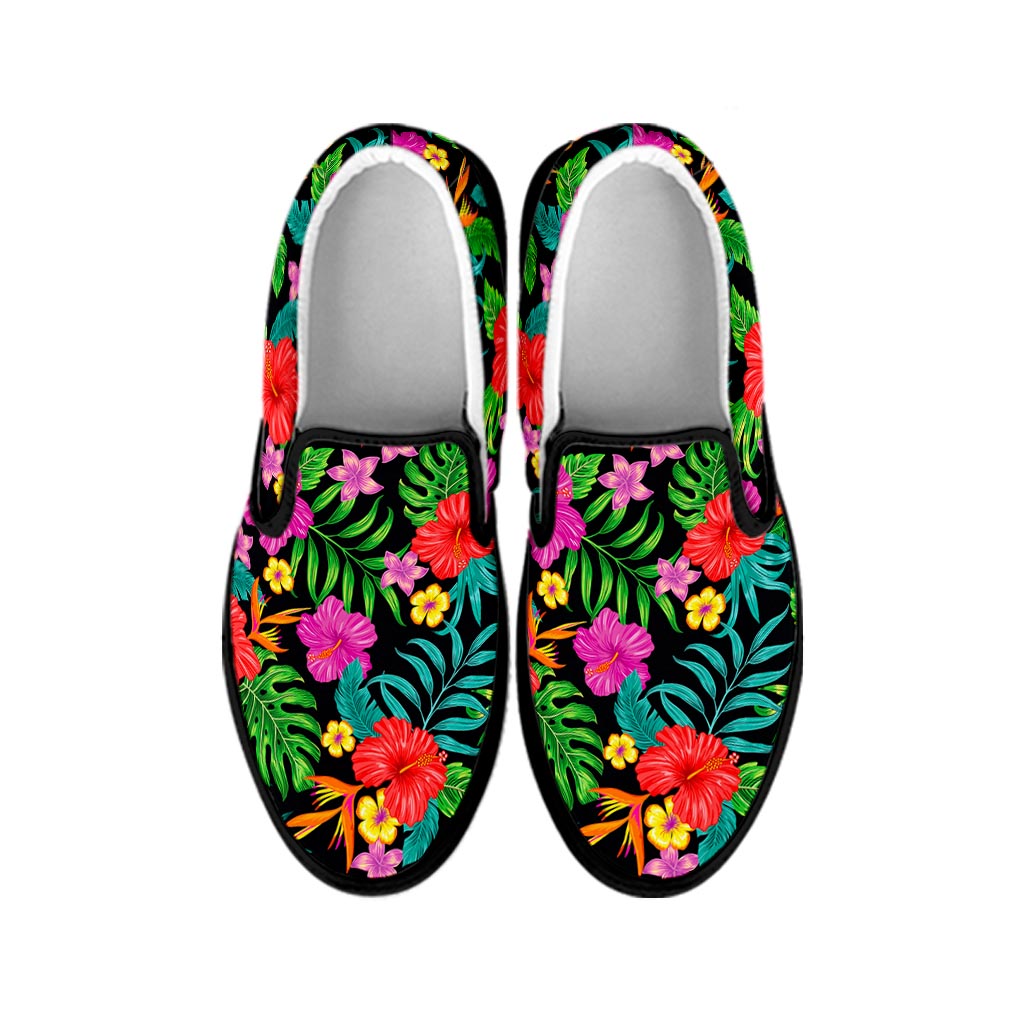 Colorful Hibiscus Flowers Pattern Print Black Slip On Sneakers