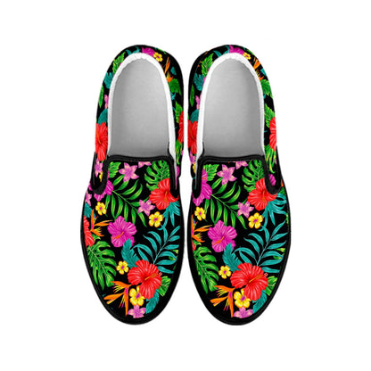 Colorful Hibiscus Flowers Pattern Print Black Slip On Sneakers