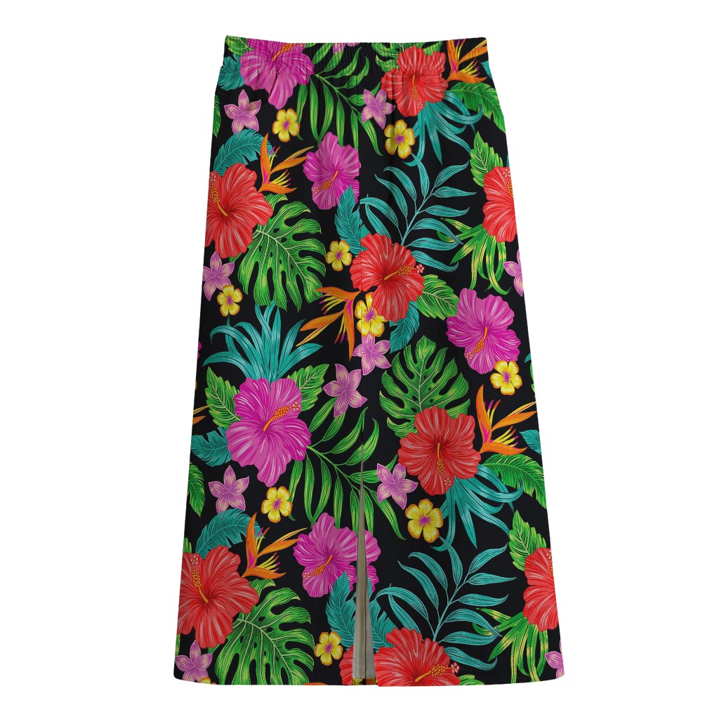 Colorful Hibiscus Flowers Pattern Print Cotton Front Slit Maxi Skirt