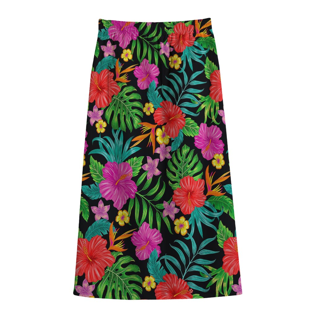 Colorful Hibiscus Flowers Pattern Print Cotton Front Slit Maxi Skirt