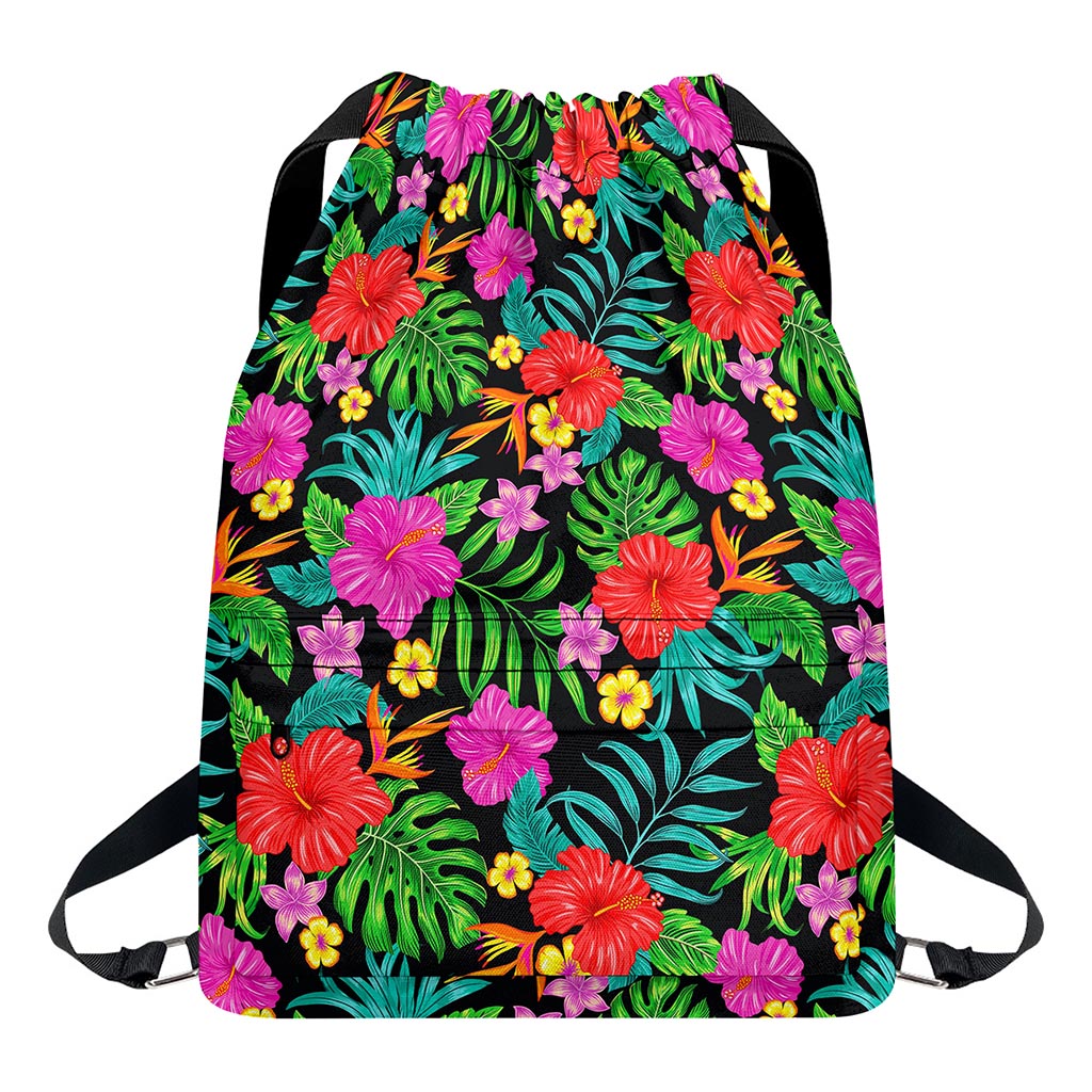 Colorful Hibiscus Flowers Pattern Print Drawstring Backpack