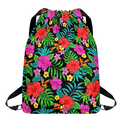 Colorful Hibiscus Flowers Pattern Print Drawstring Backpack