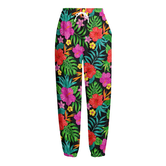 Colorful Hibiscus Flowers Pattern Print Fleece Lined Knit Pants