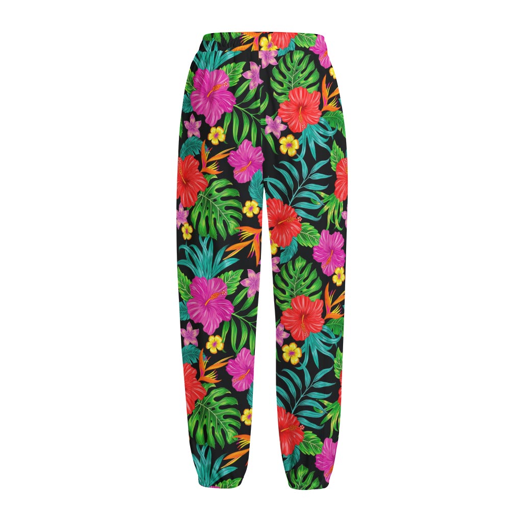 Colorful Hibiscus Flowers Pattern Print Fleece Lined Knit Pants