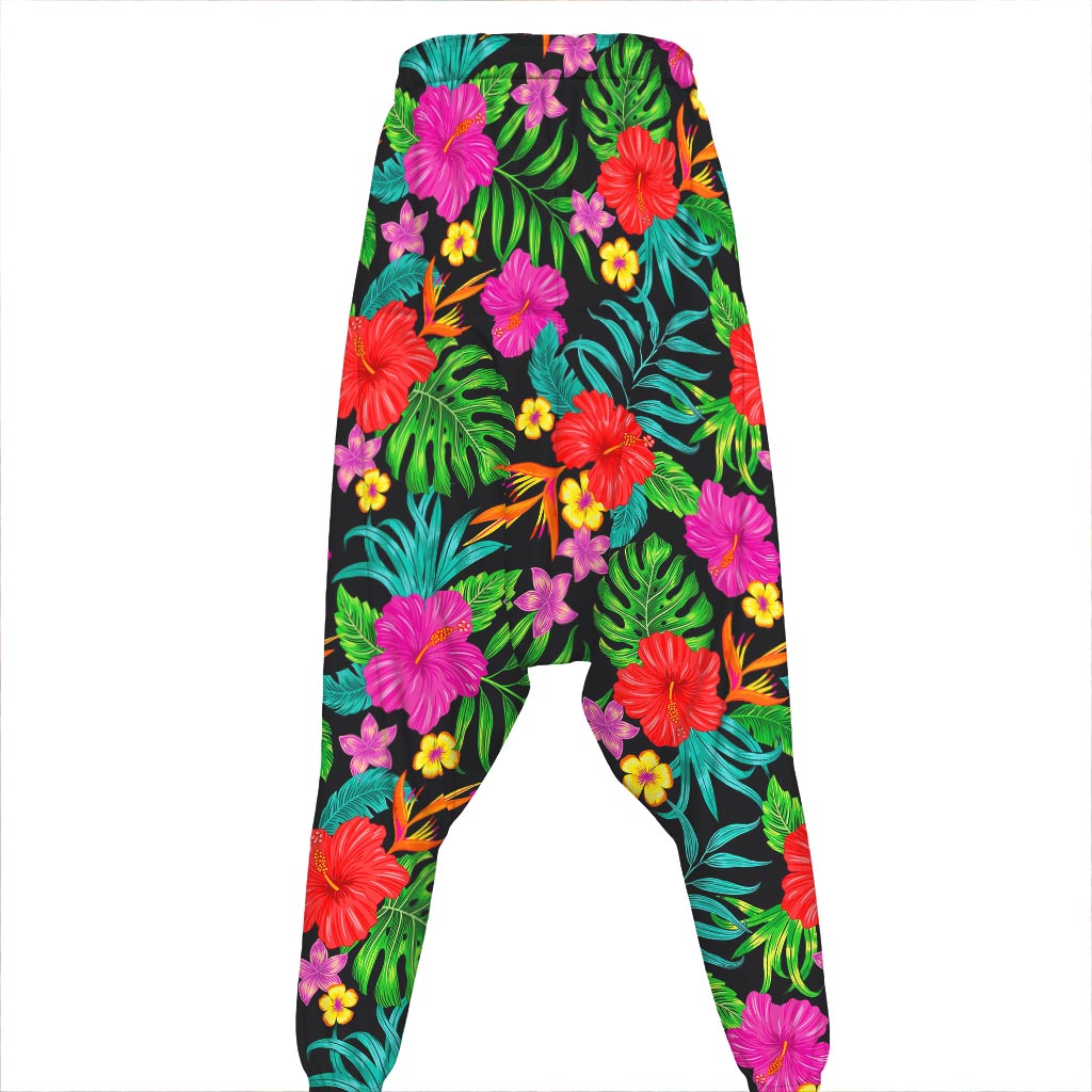 Colorful Hibiscus Flowers Pattern Print Hammer Pants