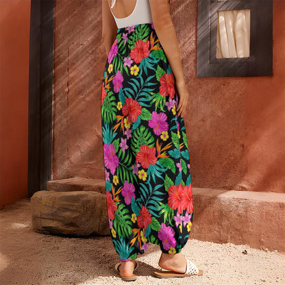 Colorful Hibiscus Flowers Pattern Print Harem Pants