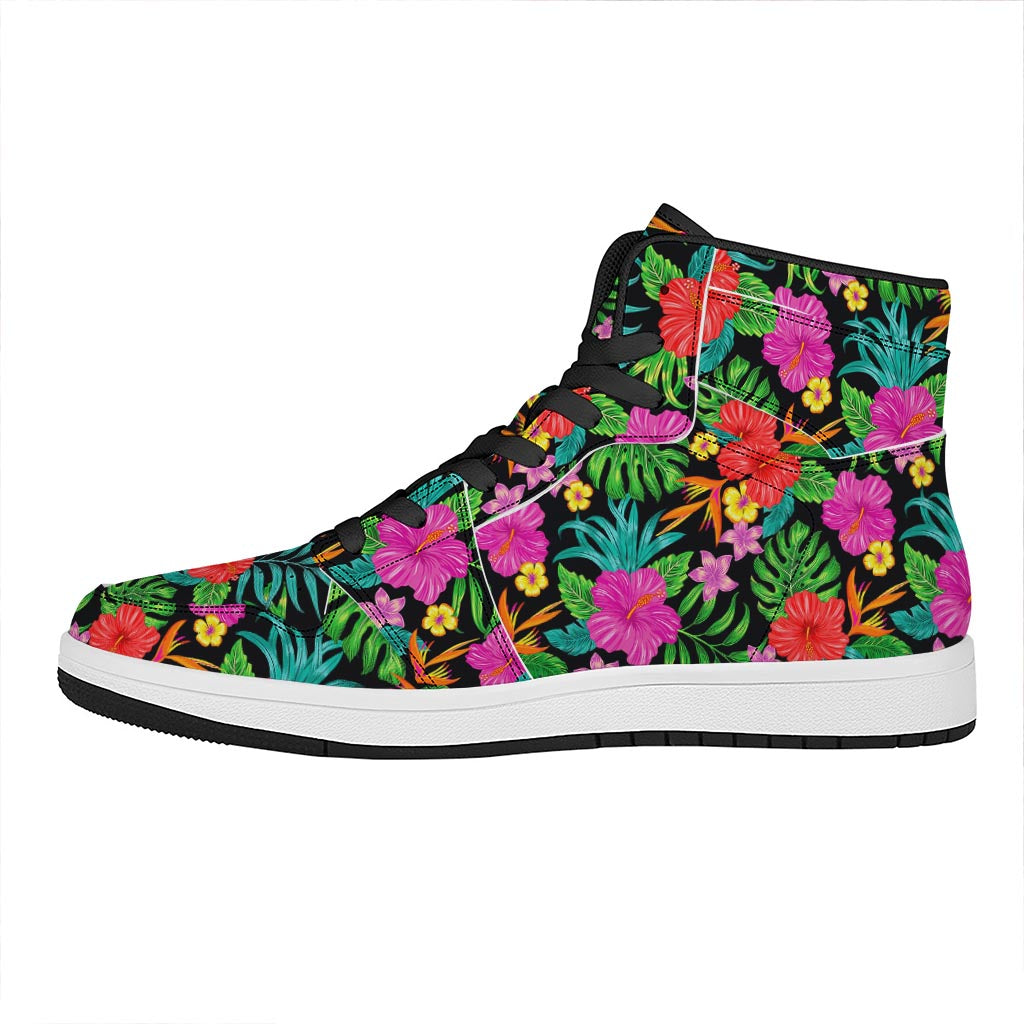 Colorful Hibiscus Flowers Pattern Print High Top Leather Sneakers