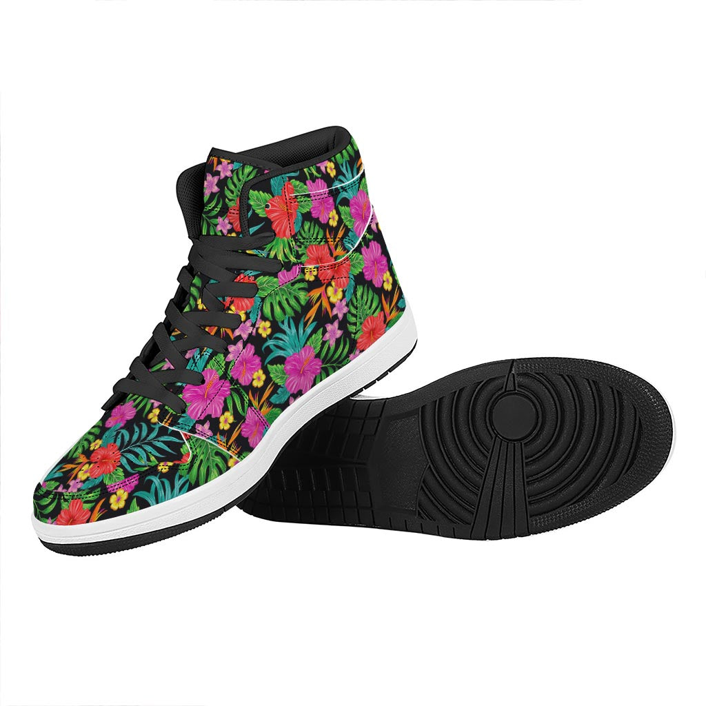 Colorful Hibiscus Flowers Pattern Print High Top Leather Sneakers