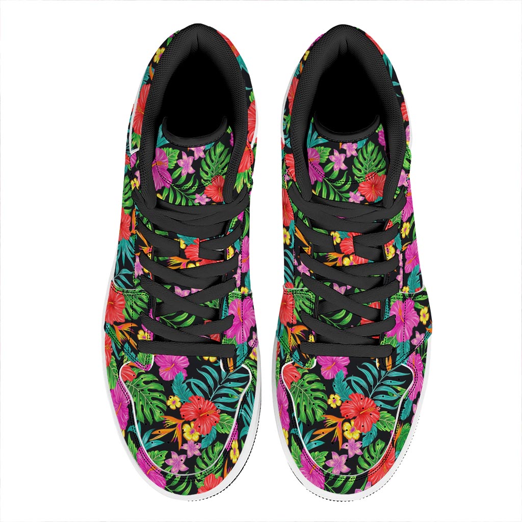 Colorful Hibiscus Flowers Pattern Print High Top Leather Sneakers