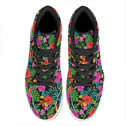 Colorful Hibiscus Flowers Pattern Print High Top Leather Sneakers