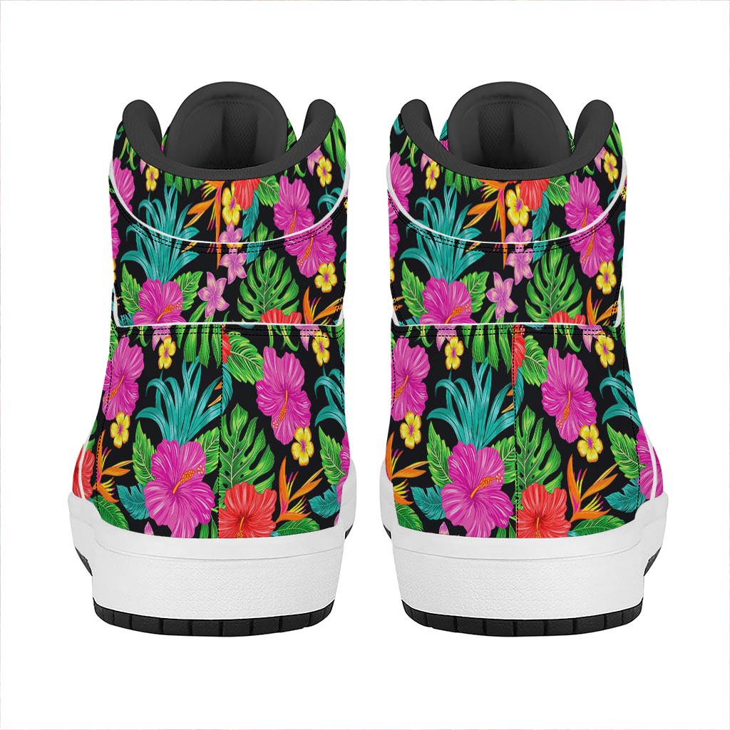 Colorful Hibiscus Flowers Pattern Print High Top Leather Sneakers
