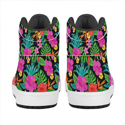 Colorful Hibiscus Flowers Pattern Print High Top Leather Sneakers