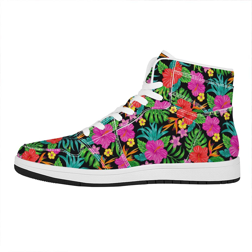 Colorful Hibiscus Flowers Pattern Print High Top Leather Sneakers