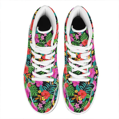 Colorful Hibiscus Flowers Pattern Print High Top Leather Sneakers
