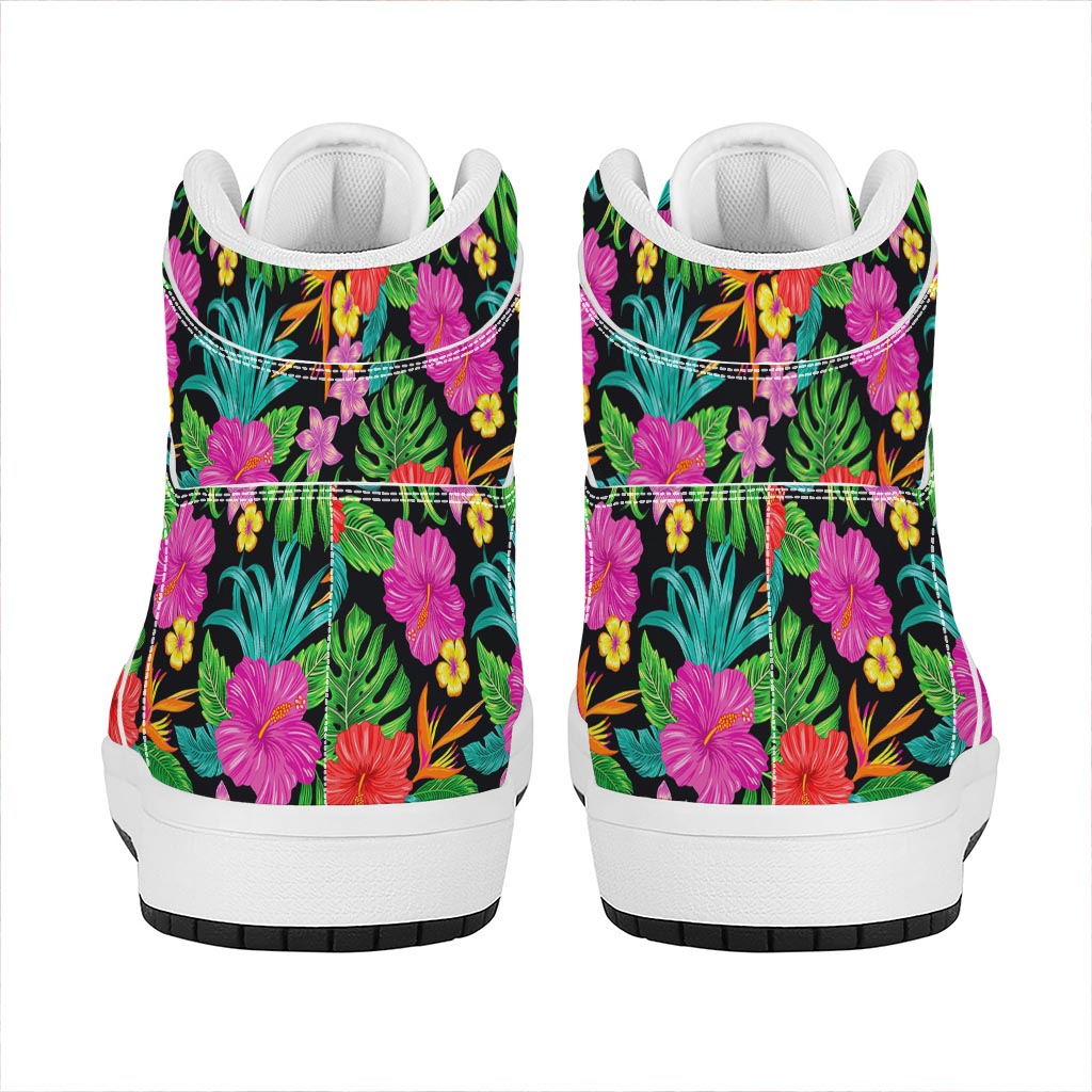 Colorful Hibiscus Flowers Pattern Print High Top Leather Sneakers