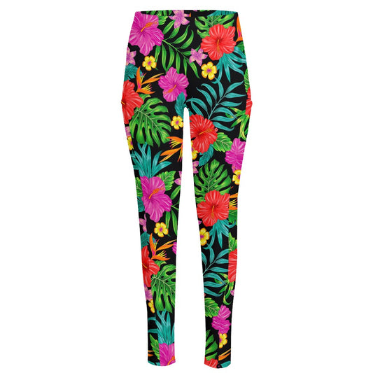 Colorful Hibiscus Flowers Pattern Print High-Waisted Pocket Leggings