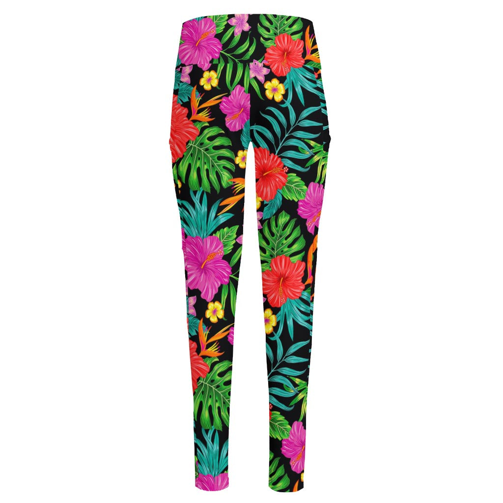 Colorful Hibiscus Flowers Pattern Print High-Waisted Pocket Leggings