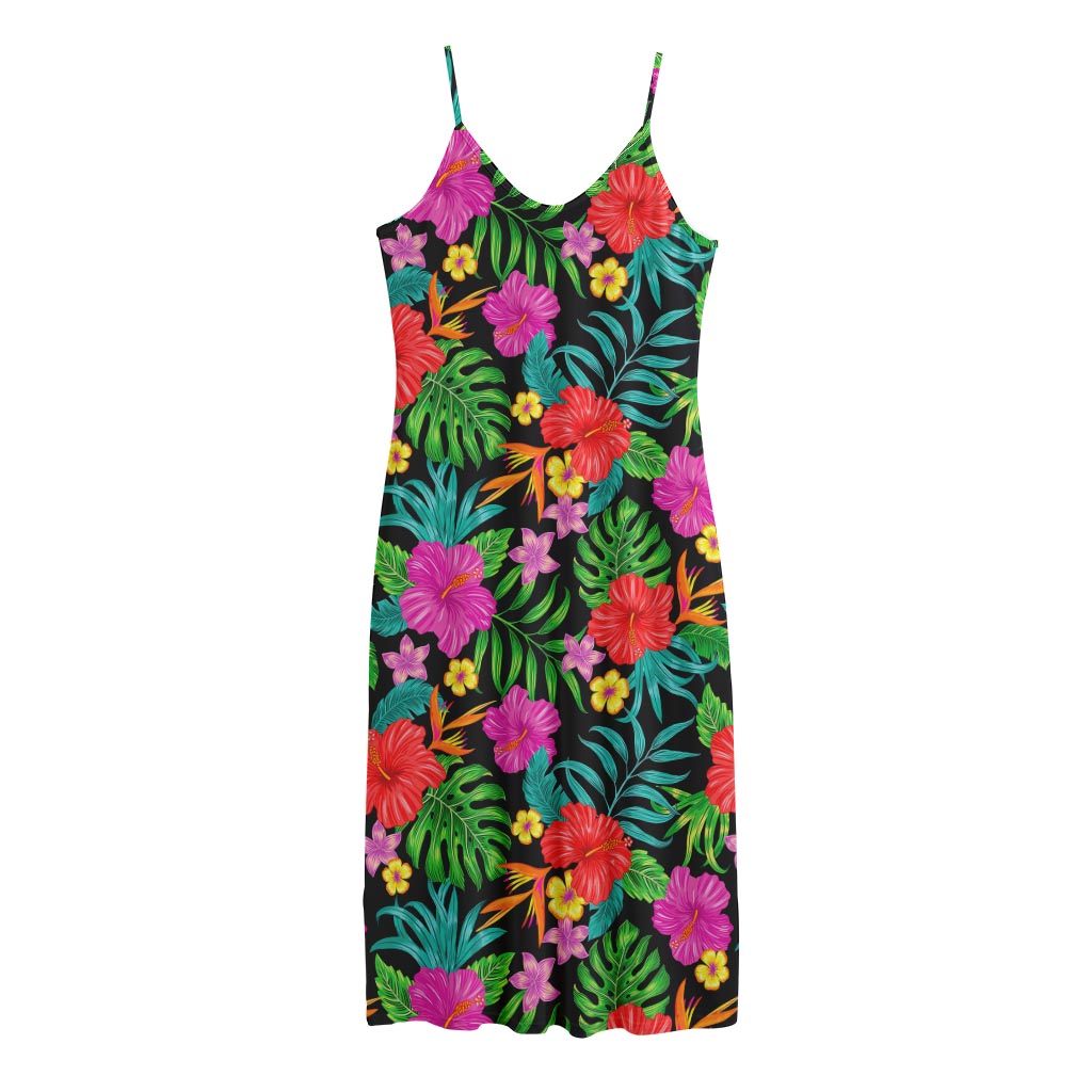 Colorful Hibiscus Flowers Pattern Print Jersey Midi Cami Dress