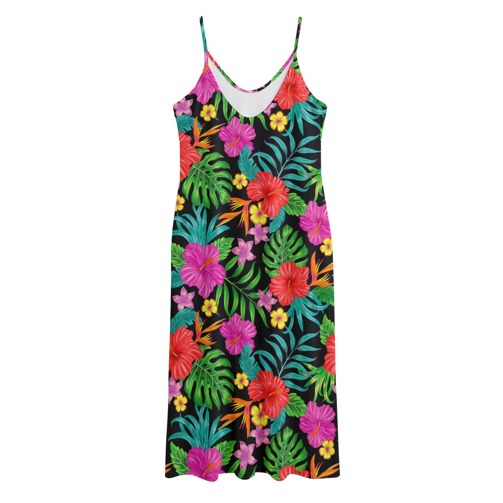 Colorful Hibiscus Flowers Pattern Print Jersey Midi Cami Dress