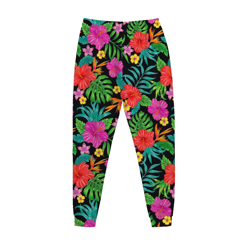 Colorful Hibiscus Flowers Pattern Print Jogger Pants