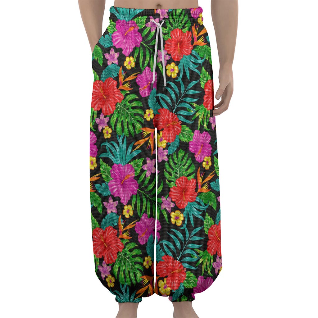 Colorful Hibiscus Flowers Pattern Print Lantern Pants