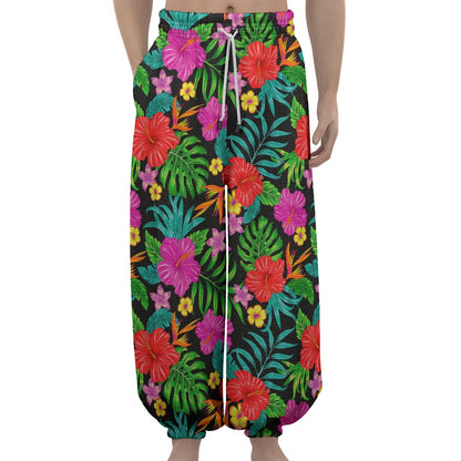 Colorful Hibiscus Flowers Pattern Print Lantern Pants