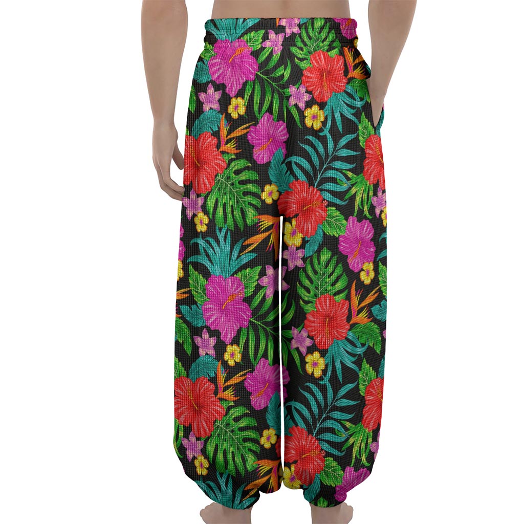 Colorful Hibiscus Flowers Pattern Print Lantern Pants