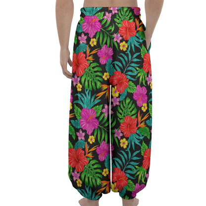 Colorful Hibiscus Flowers Pattern Print Lantern Pants