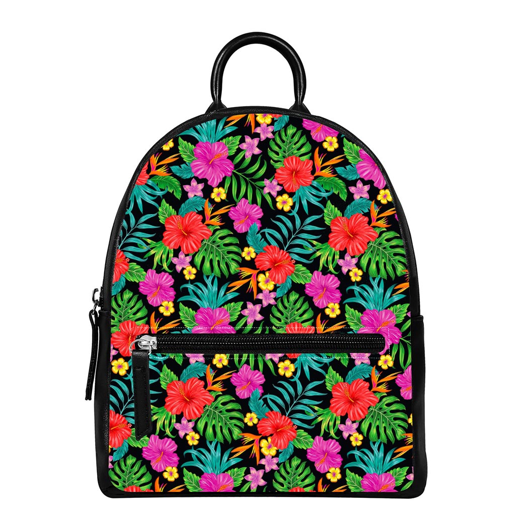 Colorful Hibiscus Flowers Pattern Print Leather Backpack