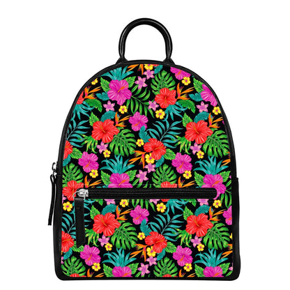 Colorful Hibiscus Flowers Pattern Print Leather Backpack