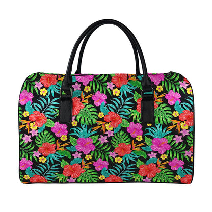 Colorful Hibiscus Flowers Pattern Print Leather Duffle Bag