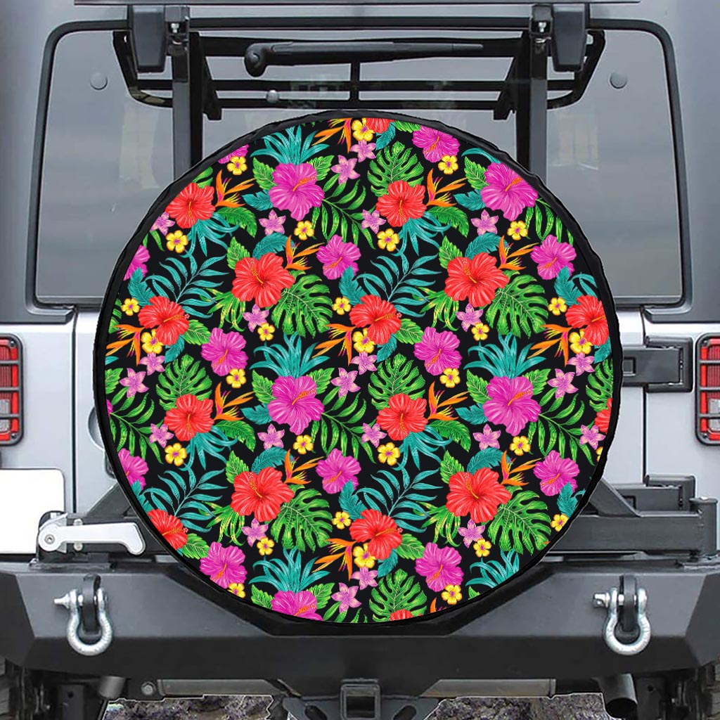 Colorful Hibiscus Flowers Pattern Print Leather Spare Tire Cover